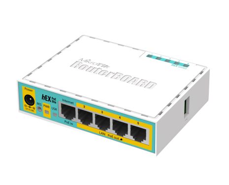 Mikrotik RB750UPr2 hEX PoE lite. 5xEthernet with PoE output for four ports, USB, 650MHz CPU, 64MB RAM, RouterOS L