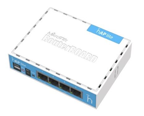 Mikrotik RB941-2nD hAP lite. Small home AP with four ethernet ports and a colorful enclosure.